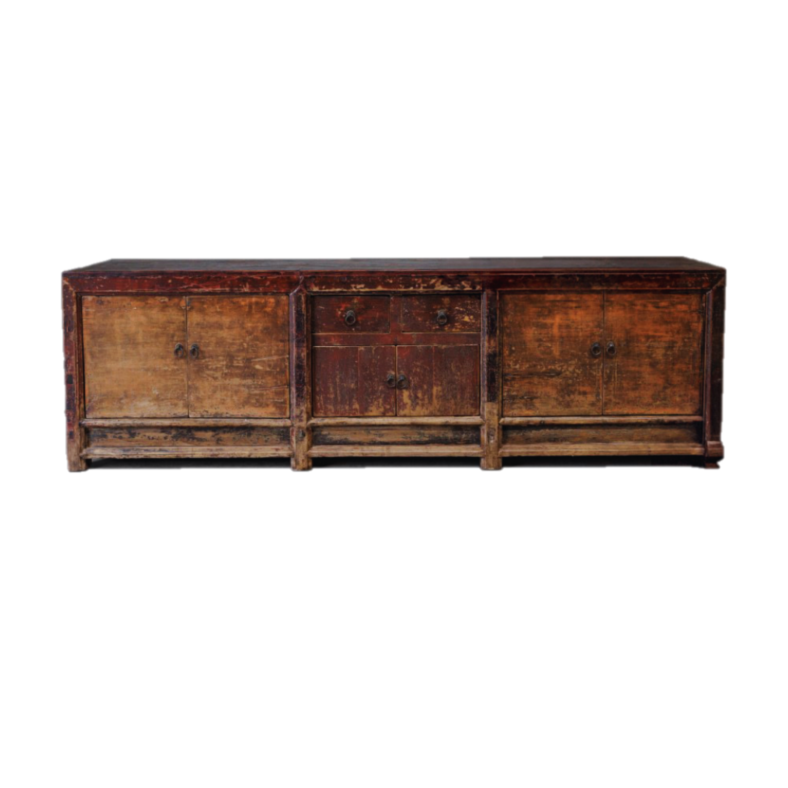 Vintage wooden sideboard with a dark brown finish on a white background
